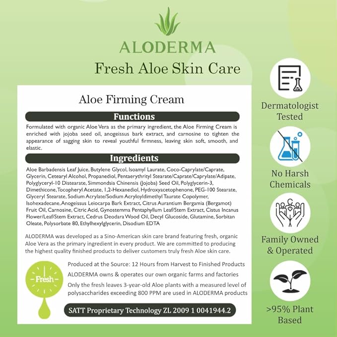Aloderma Firming Cream for Face and Neck with 62% Organic Aloe Vera - Firming Face Cream with Hyaluronic Acid & Carnosine - Natural Renewing Aloe Face Cream - Instantly Hydrate & Plump Skin, 1.7oz