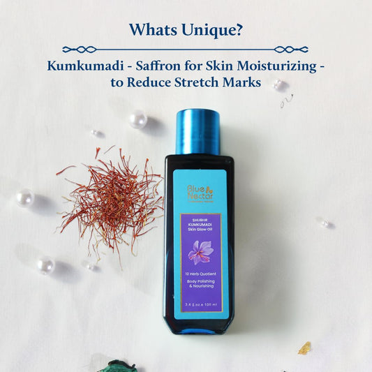 Blue Nectar Kumkumadi Body Oil for Glowing Skin | Moisturizing Oil for Dry Skin with Relaxing Aroma | Plant Based Body Oil for Women & Men (12 Herbs, 3.4 fl oz)