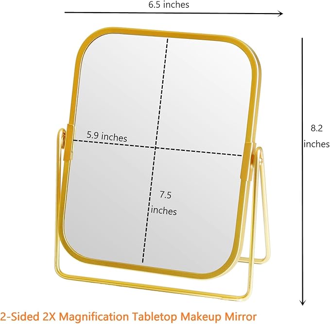 2-Sided Golden Tabletop Makeup Mirror, Double Sided 2X Magnification Vanity Mirror, 360°Rotation Dressing Table Mirror (Gold - Rectangle)