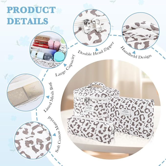 3Pcs Cotton Quilted Makeup Bag Set,Large Floral Cosmetic Bag,Aesthetic Toiletry Travel Makeup Bag Set and Cute Flower Bag for Women Girls(White Leopard Print)