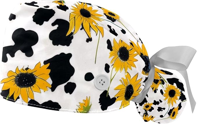 2 PCS Bouffant Cap with Button Ponytail Pouch Working Cap Sweatband Adjustable Surgical Cap Black and White Cow