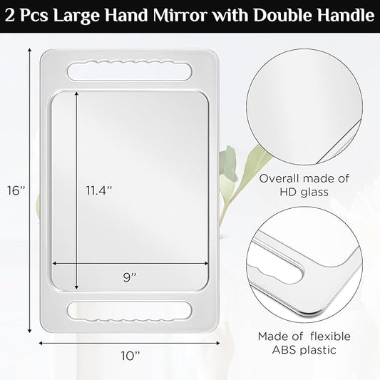 Kigley 2 Pcs Large Hand Mirror with Double Handle Barber Mirror Unbreakable Rectangular Hand Held Hair Salon Equipment Hairstylist and Barber Accessories, 15.75 x 9.84 Inches/ 40 x 25 cm (Silver)