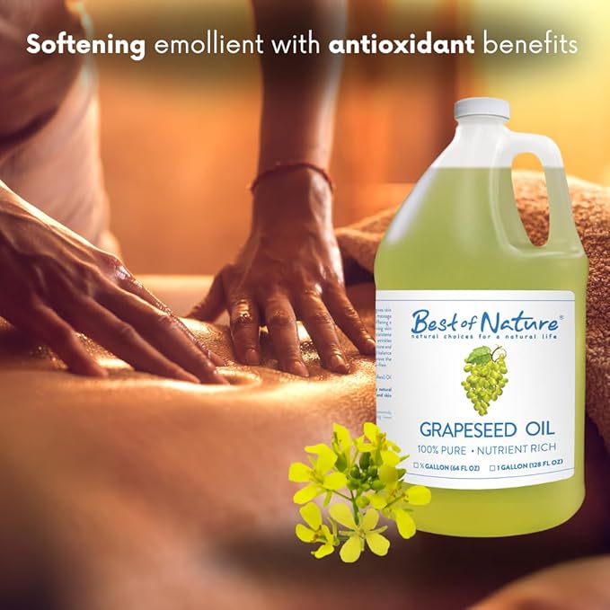 Best of Nature 100% Pure Grapeseed Oil - Unscented, Lightweight, Non-Greasy Moisturizer for Hair, Skin, Face & Aromatherapy, Carrier Oil for Essential Oils, Half Gallon (64 fl oz)