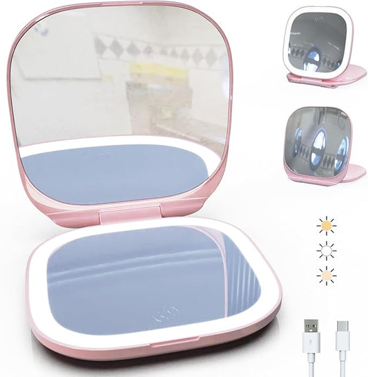 Adjustable Brightness Compact Mirror, Lighted Travel Mirror with 1X/10X Magnifying,Double Sided,Mini Dimmable Portable for Handbag and Pocket, USB C Charging,for Girls Women(Pink)