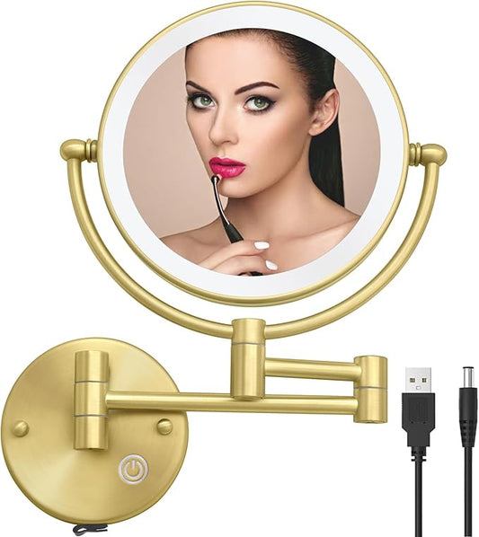 8 Inch Brass Rechargeable Lighted Wall Mounted Makeup Mirror Gold, 1X/5X Double Sided Vanity Mirror with Light and Magnification, 360 Swivel Extendable Shaving Mirror, Brushed Gold