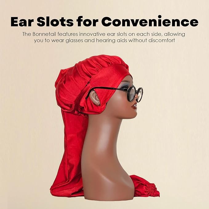 Bonnetail for Women, Long Bonnet for Ponytails, Hair Care, Bonnetail for Sleeping with Ear Slots