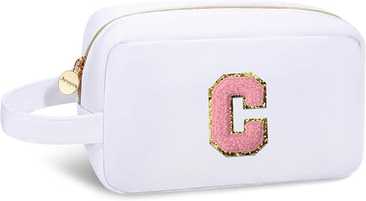 Aveniee Monogram Makeup Bag for Women,Personalized Organizer Bag With Handle,Cute Cosmetic Travel Toiletry Bag,Halloween Christmas Birthday Gifts for Daughter or Best Friend-White C