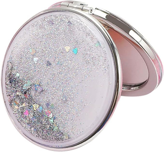 AKOAK 1 Pack Compact Mirror, Portable Quicksand Pocket Travel Makeup Mirror, Folding Hand-held Double Sided 1x/2x Magnifying Glass, Great Gift for Women and Girls (Silver)