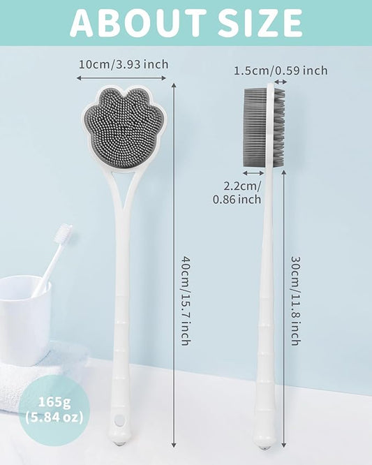 Manmihealth 15.7" Cute Silicone Body Scrubber & Soft Shower Brush Face Scrubber Set (3 PCS), Paw-Shaped Silicone Back Brush & Body Facial Scrubber with Super-Soft Bristles Combination(GraySet)
