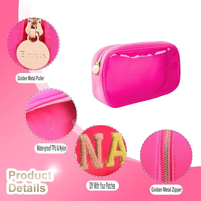 Medium Preppy Transparent Makeup Pouch Women Travel Clear TPU and Nylon Cosmetic Pouch (Medium, HotPink)