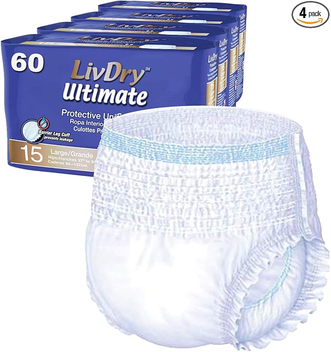 LivDry Large Ultimate Adult Incontinence Underwear, High Absorbency, Leak Cuff Protection, L, 60-Pack