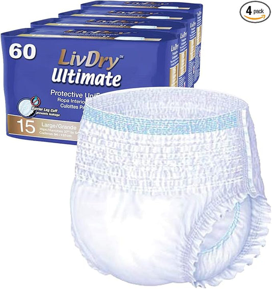 LivDry Large Ultimate Adult Incontinence Underwear, High Absorbency, Leak Cuff Protection, L, 60-Pack