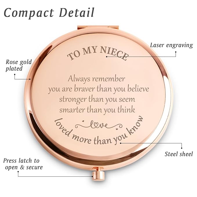 Niece Gifts from Aunt Uncle, Personalized Compact Mirror, Sentimental Mothers Day Birthday Gifts for Niece, Unique Graduation Present for Girls Women Her