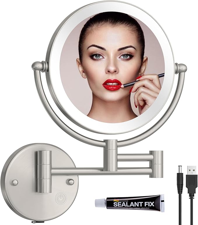 Brass Wall Mounted Lighted Makeup Mirror with Magnification, 5X Wall Magnifying Mirror with Light, Extendable Mirror for Bathroom, Touch Sensor, Brushed Nickel