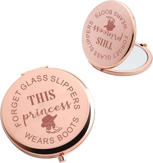 BAUNA Cowgirl Makeup Mirror Western Themed Pocket Mirror Forget Glass Slippers This Princess Wears Boots (Cowgirl Makeup Mirror)