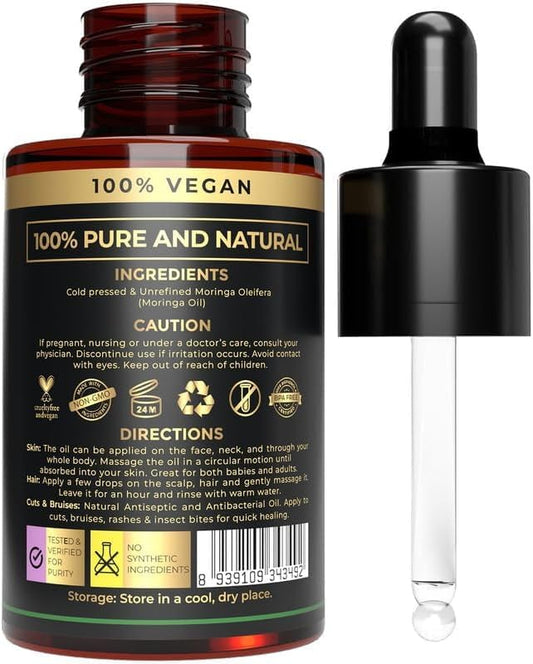 USDA Organic Moringa Oil - Cold-Pressed, Pure & Natural, Carrier Oil for Essential Oils Mixing, Skin, Hair, Face - Moringa Seed Oil - Aceite de Moringa Organico