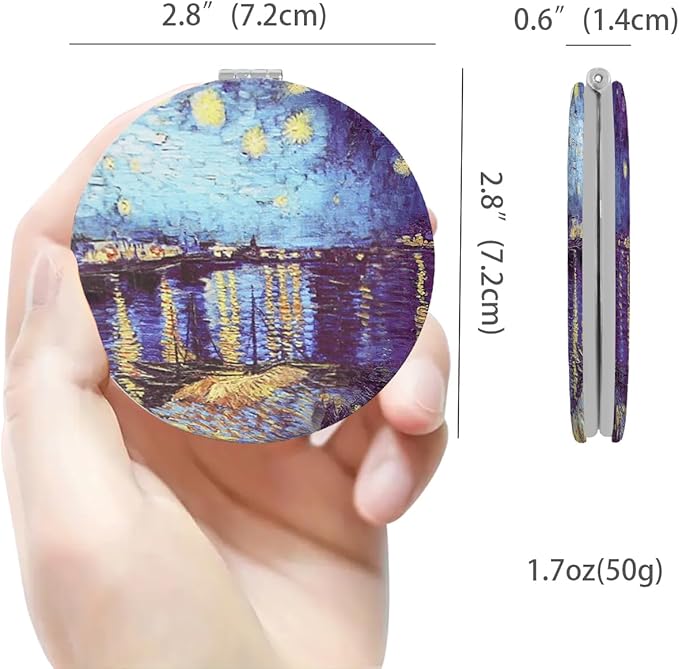 Pocket Mirror, 2 Pcs Round 2.8” PU OilPainting Style Double Sided 1X/3X Purse Compact Mirrors (OP01OP02)