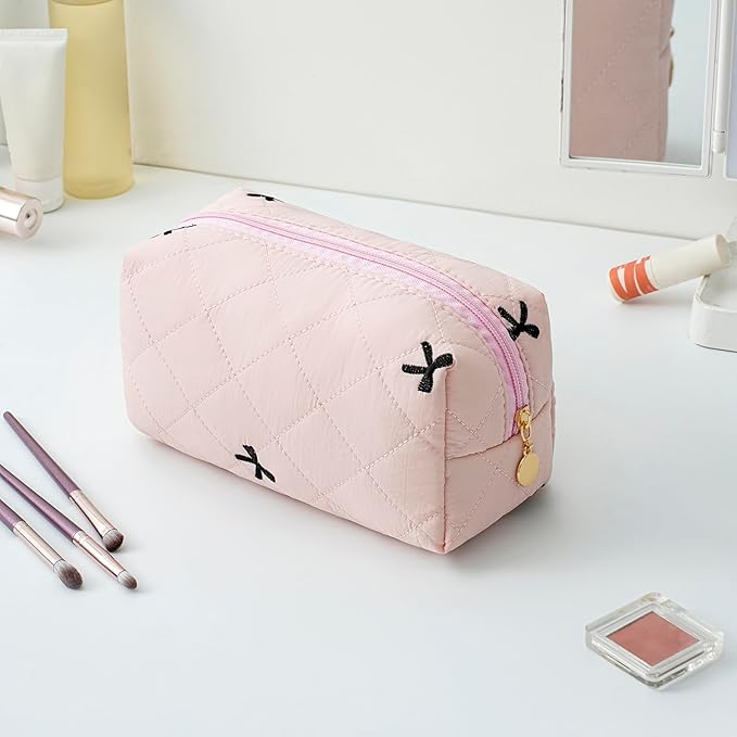 Gleyemor Small Quilted Makeup Bag for Women, Cute Floral Bow Cosmetic Bag, Emergency Bag Travel Toiletry Cotton Pouch Gifts for Girls Her Mom Friend Sister Bridesmaid (Pink&Black Bow)