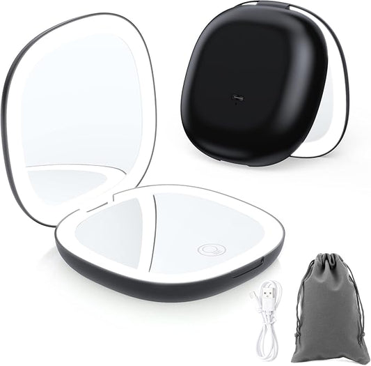 Compact Travel Makeup Mirror，1X/10X Magnifying Double Sided 3 Colours & Brightness Dimmable USB Rechargeable Touch Screen Portable LED Cosmetic Mirror for Travel/Purse/Office,Black