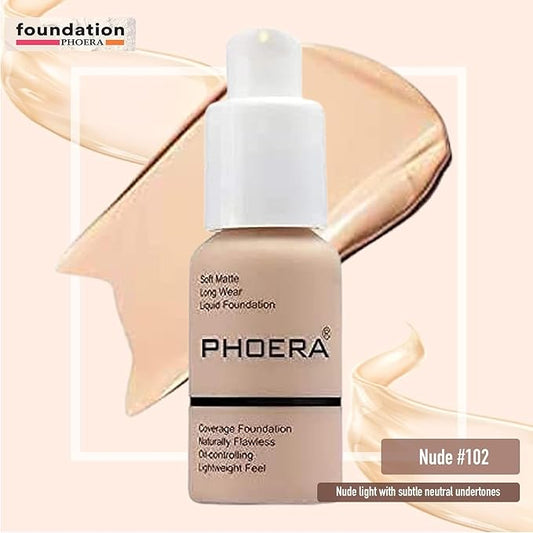 Full Coverage Makeup Set with Foundation (102 Nude), Concealer Stick (102 Neutral), Primer Gel, Setting Powder, Make Up Pad & Sponge - Complete Face Cosmetics Kit for Women