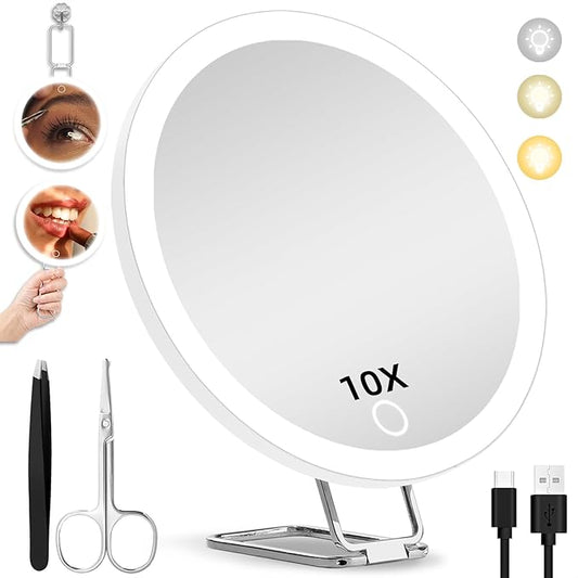 10X Magnifying Mirror with Lights, 6inch Makeup Magnified Mirror 10x Lighted Travel Magnification with 3 Suction Cups and 360° Adjustable Stand - Includes Tweezers & Scissors
