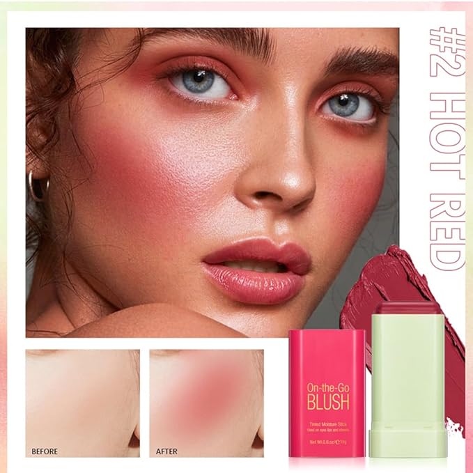 Mysense Red Cream Blush Stick - Multi-use Makeup Blush for Cheeks Lips Eyes, Natural Matte Finish Waterproof Long-Lasting, 02 Hot Red