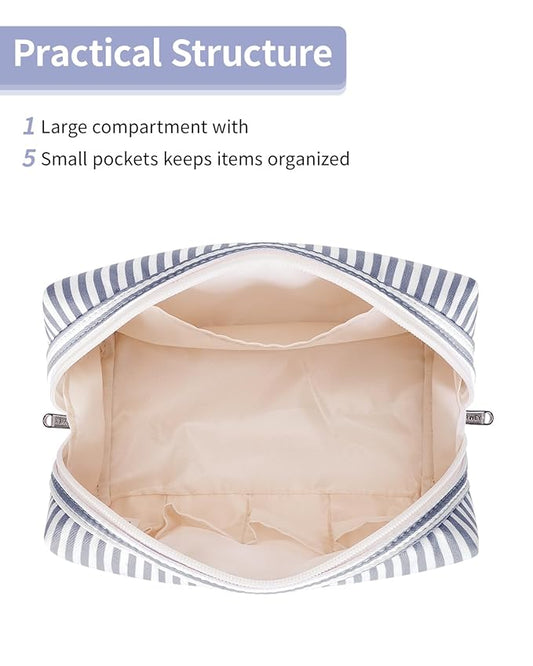 Narwey Striped Makeup Bag Travel Cosmetic Bag Organizer Toiletry Bag Make Up Bags with Compartments for Women Girls (Large, Greyish Blue Stripe)