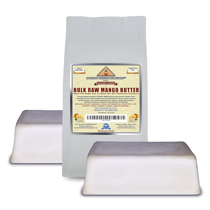 ANCIENT HEALTH REMEDIES Organic Unrefined Raw MANGO BUTTER JAR/BLOCKS Bulk, Light Mango Aroma, Non-Greasy Base for Beauty, Skin Moisturizing, DIY Base for Body Butter & Hand Creams (2 LB)