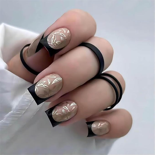 Black French Tip Press on Nails Medium Square Fake Acrylic False Nails With Gold Leaf Designs Glossy Artificial Luxury Stick on for Women 24Pcs