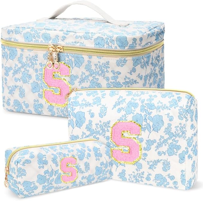 3 PCS Travel Makeup Bag Set, A-Z Initials Cotton Make up Bag Floral Quilted Cosmetic Bag for Girls and Women, Personalized Cute Toiletry Bag Travel Accessories Brushes Bag Blue - S