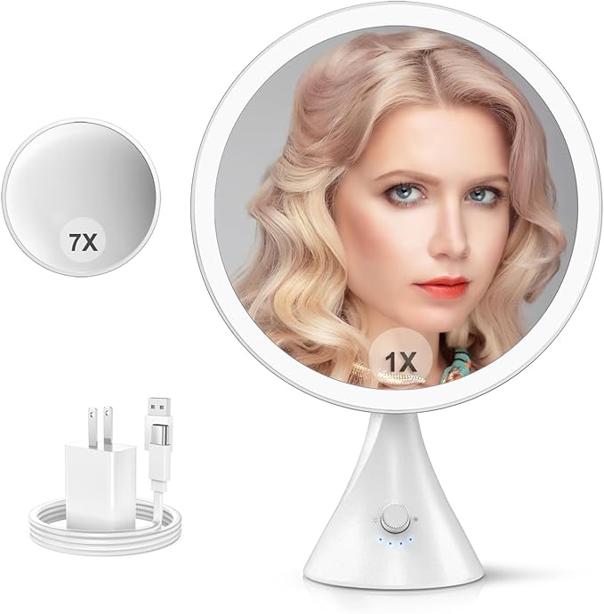 10 Inch Lighted Makeup Mirror with 7X Magnification,3 Colors & 10 Brightness Levels, Magnifying Makeup Mirrors with 5000mAh Battery, Anti-Glare,Gift Box (White)