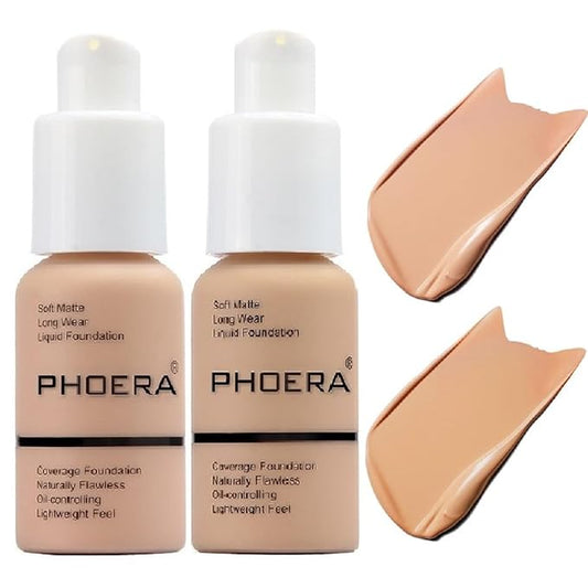 2 Pack PHOERA Foundation 103# Warm Peach and 104# Buff Beige,Full Coverage Flawless Soft Matte 24 HR Oil Control Waterproof Concealer Liquid Foundation Makeup. ﻿