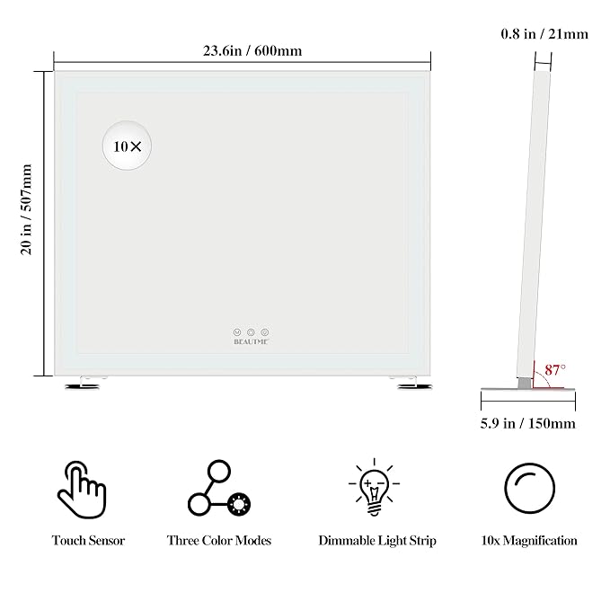 BEAUTME Vanity Mirror with Lights,Hollywood Mirror,Mirror with Lights,Tabletop Makeup Mirror with Lights,Tabletop/Wall Mounted,Horizontal/Vertical,23.6x20 Inch,Silver