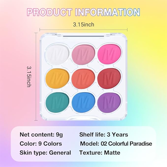 9 Colors Eyeshadow Palette Makeup, Multicolor Pop Eyeshadow Palette, Blendable Matte Shimmer, White Pink Rose Pink Yellow Orange Red Green Blue Purple Palette Eye Shadow, Long-lasting waterproof 2#