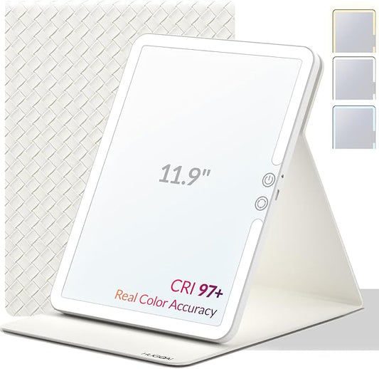 Travel Makeup Mirror with Lights, Portable Lighted Vanity Mirror with 100 LED, Rechargeable, Foldable for Tabletop, 11.9 inches, White