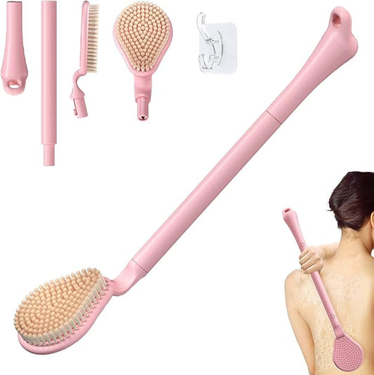 Back Scrubber for Shower, 19’’ Detachable Long Handle Shower Body Scrubber for Wet or Dry Brush, Adjustable 2-in-1 Back & Body Brush with Soft and Dense Bristles for Deep Cleaning(Pink)