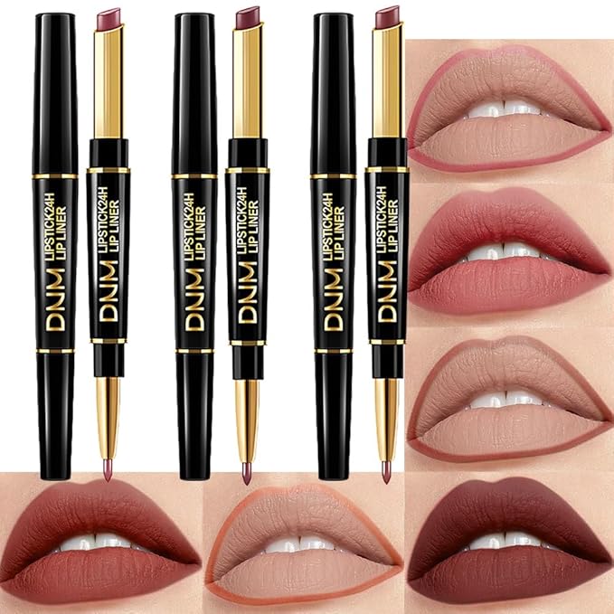 BINGBRUSH 2 IN 1 Lip Liner & Lipstick Makeup Set, Dark Red Matte Metallic Lipliner Set for Black Mature Women Waterproof Long Lasting Gift Set (3Pcs Set12-Matte:31#32#33#, 3Pcs)