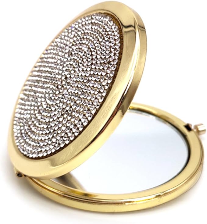 2pcs Magnifying Compact Mirrors Pocket Makeup Mirror 1X 2X Folding Cosmetic Mirror Foldable Mini Round Travel Mirrors 2.75 Inch Sturdy Metal with Diamonds Gifts for Women Girls (Golden)