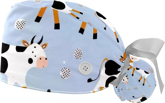 2 PCS Bouffant Cap with Button Ponytail Pouch Working Cap Sweatband Adjustable Surgical Cap Black and White Cow