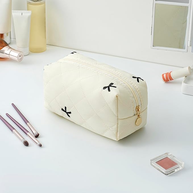 Gleyemor Small Quilted Makeup Bag for Women, Cute Floral Bow Cosmetic Bag, Emergency Bag Travel Toiletry Cotton Pouch Gifts for Girls Her Mom Friend Sister Bridesmaid (White&Black Bow)