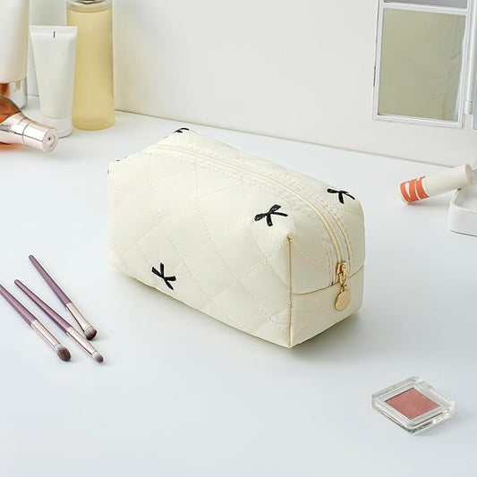 Gleyemor Small Quilted Makeup Bag for Women, Cute Floral Bow Cosmetic Bag, Emergency Bag Travel Toiletry Cotton Pouch Gifts for Girls Her Mom Friend Sister Bridesmaid (White&Black Bow)