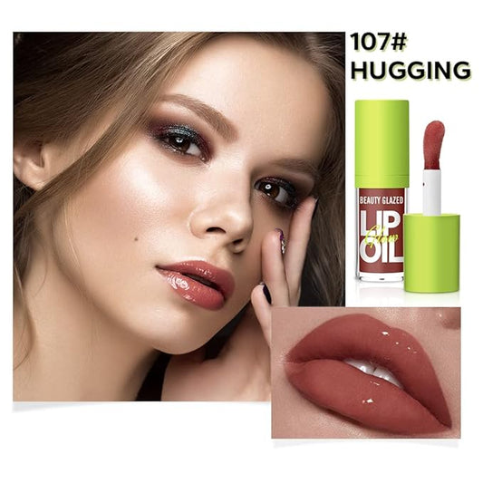 Beauty Glazed Big Brush Head Lip Oil, Ultra-Hydrating & Nourishing, Smooth Glossy Finish Lip Glow Oil, Shiny and Vegan Tinted Lip Gloss, Non-Sticky Formula (1, 107# HUGGING)