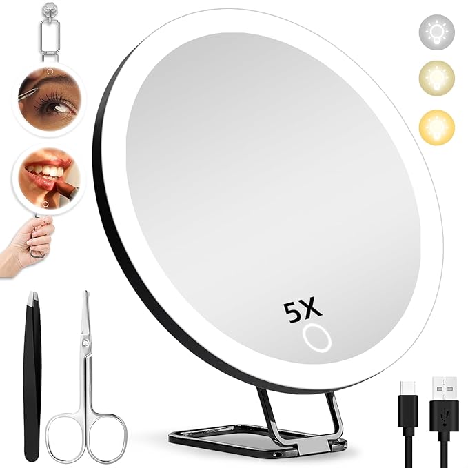 5X Magnifying Mirror with Lights, 5X Makeup Magnification 6inch Magnified Mirror Large Travel Lighted Magnification with Adjustable Table Stand & Suction Cups - Included Tweezers & Scissors Set