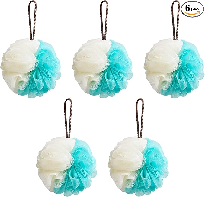 Loofah Sponge, Qewro Loofa Exfoliating Back Bath Sponge Shower Scrubber for Body, Luffa for Men Kids Women, Shower Puff Bath Pouf for use in Shower, Lufa or Loufas Flowers (5pack Blue and White)
