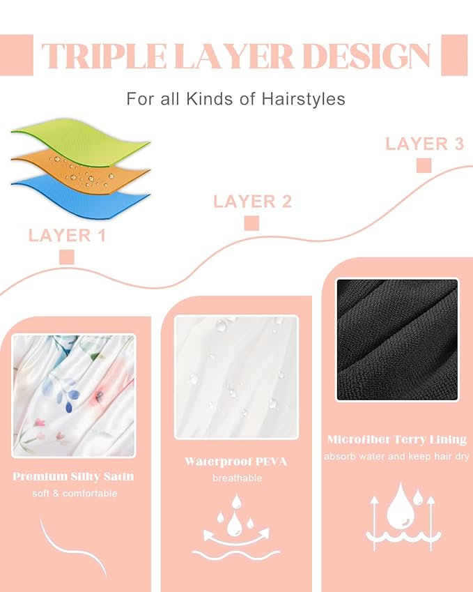 Auban Terry Lined Reusable Large Shower Cap for Women, 3 Layer Waterproof Hair Cap