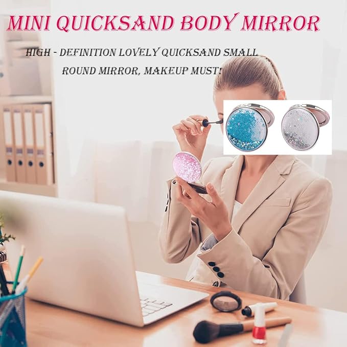 AKOAK 1 Pack Compact Mirror, Portable Quicksand Pocket Travel Makeup Mirror, Folding Hand-held Double Sided 1x/2x Magnifying Glass, Great Gift for Women and Girls (Pink)