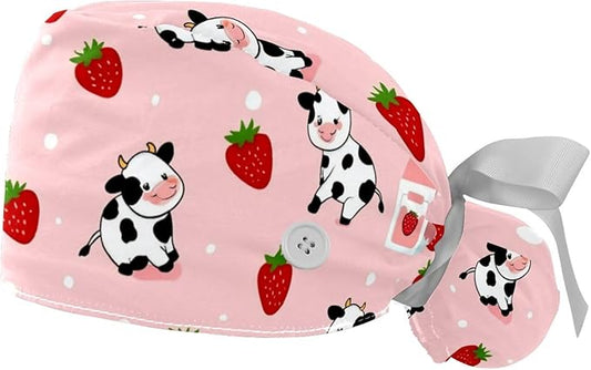 2 PCS Bouffant Cap with Button Ponytail Pouch Working Cap Sweatband Adjustable Surgical Cap Black and White Cow