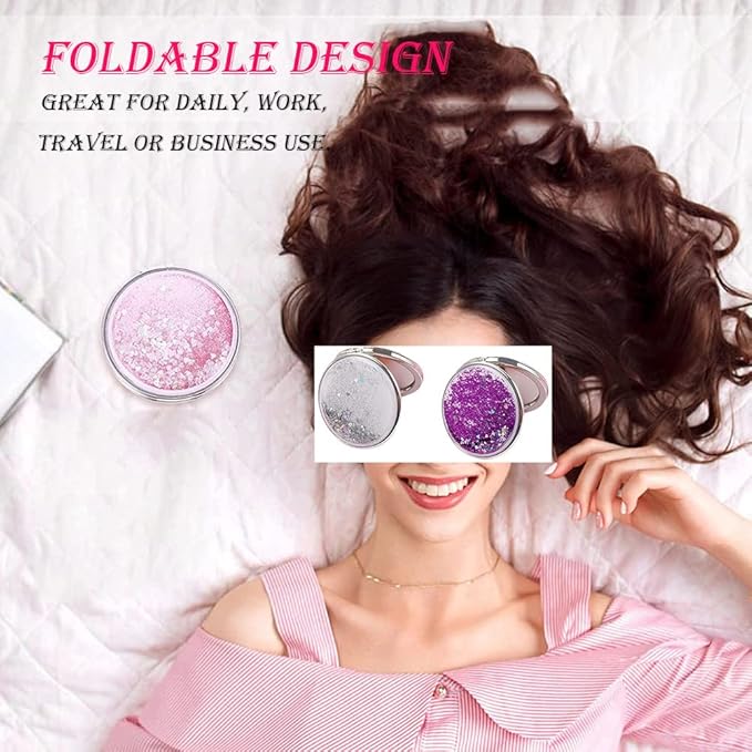 AKOAK 1 Pack Compact Mirror, Portable Quicksand Pocket Travel Makeup Mirror, Folding Hand-held Double Sided 1x/2x Magnifying Glass, Great Gift for Women and Girls (Pink)