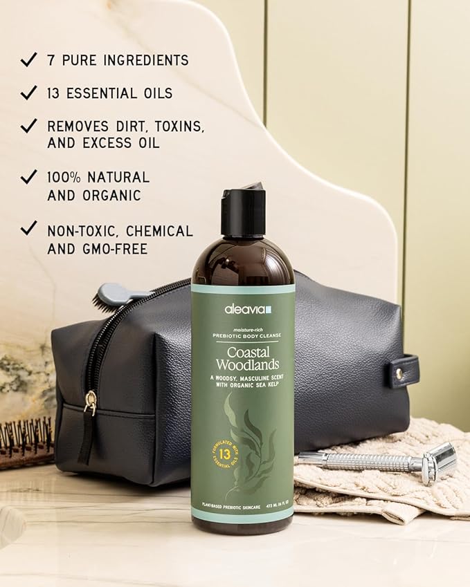 Aleavia Coastal Woodlands Mens Body Cleanse – Organic & All-Natural Prebiotic Body Wash for Men, Woodsy Notes Scented with 13 Essential Oils, – Nourish Your Skin Microbiome – 16 Oz.