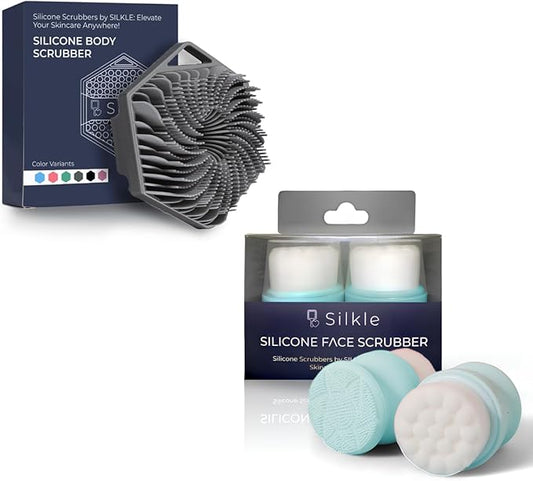 Silicone Body Scrubber (Gray) & 2-Pack Face Scrubber (Blue) - Exfoliating Body Brush for Shower & Skin Cleanser - Gentle Double-Sided Facial Cleansing Brushes - Complete Skincare Set